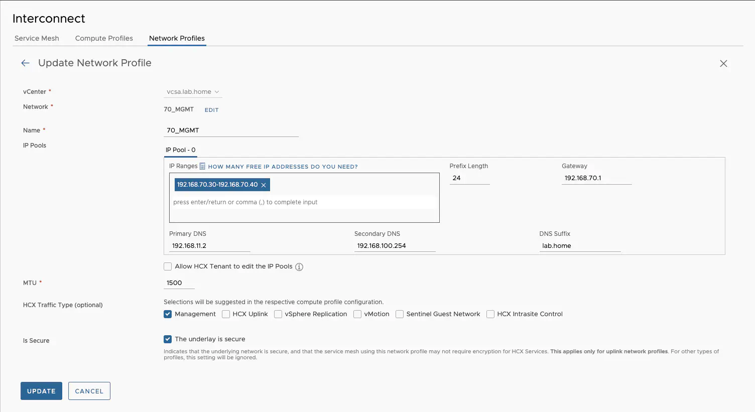 HCX network profiles settings